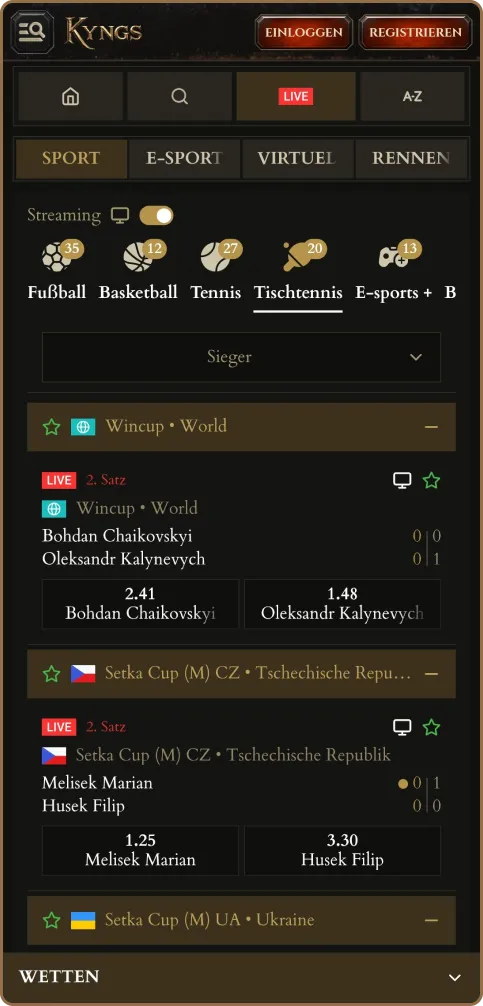 Tischtennis-Wetten bei Kyngs